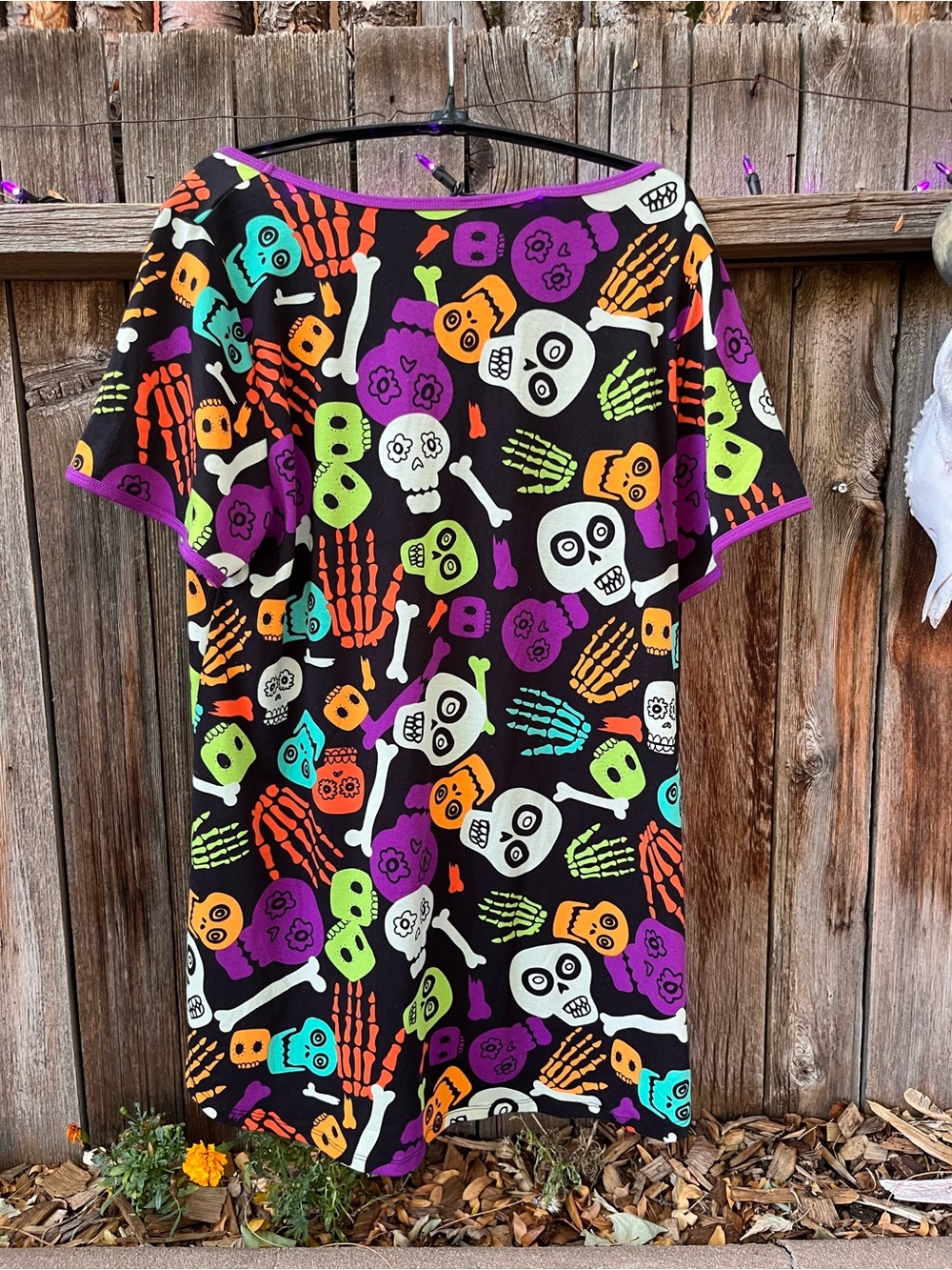 Black Halloween Skull & Bones Tee with Neon Accents | Dia de Los Muertos 💀 - Picture 4 of 5
